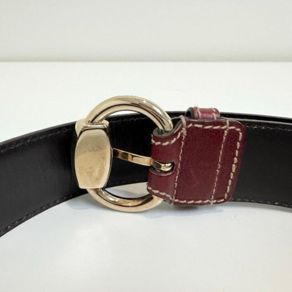 GUCCI Red Leather Gold Horsebit Ring Buckle Belt White Stitching Accent Burgundy - Picture 4 of 5